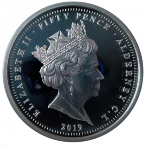 Аверс монеты Олдерни, 50 пенсов, 2019, 75 лет дню Д /Джуно/