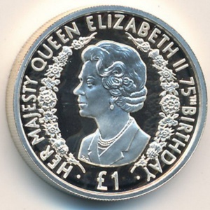 Реверс монеты Олдерни, 1 фунт, 2001, 75 лет со дня рождения Королевы Елизаветы II