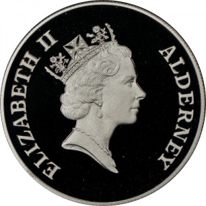Аверс монеты Олдерни, 2 фунта, 1995, 50 лет возвращению Нормандских островов