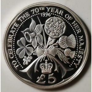 Реверс монеты Олдерни, 5 фунтов, 1996, 70 лет со дня рождения Королевы Елизаветы II
