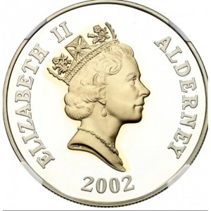Аверс монеты Олдерни, 5 фунтов, 2002, 50 лет вступлению на престол Королевы Елизаветы II /Трубы/