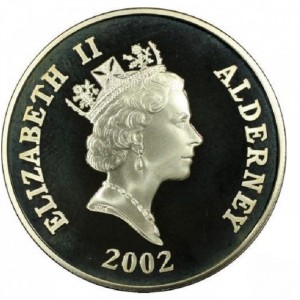 Аверс монеты Олдерни, 5 фунтов, 2002, 5 лет со дня смерти Принцессы Дианы