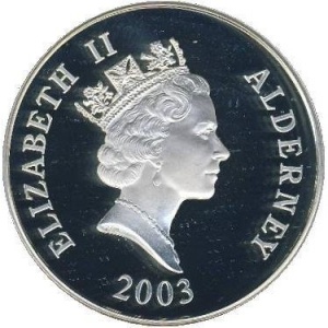 Аверс монеты Олдерни, 5 фунтов, 2003, 21 год со дня рождения Принца Уильяма