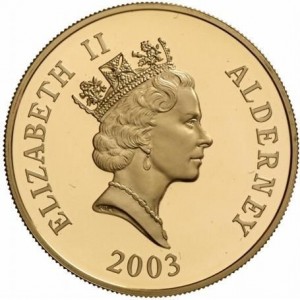 Аверс монеты Олдерни, 5 фунтов, 2003, Последний полет "Конкорда"