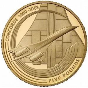 Реверс монеты Олдерни, 5 фунтов, 2003, Последний полет "Конкорда"