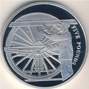 Реверс монеты Олдерни, 5 фунтов, 2004-2006, 200 лет локомотивам /Колесо паровоза/