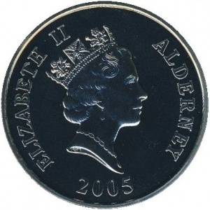 Аверс монеты Олдерни, 5 фунтов, 2005, 200 лет Трафальгарской битве