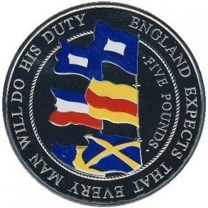 Реверс монеты Олдерни, 5 фунтов, 2005, 200 лет Трафальгарской битве