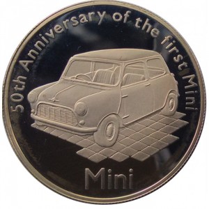 Реверс монеты Олдерни, 5 фунтов, 2009, 50 лет выпуска Mini