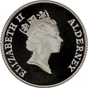 Аверс монеты Олдерни, 25 фунтов, 1997, 50 лет свадьбе Королевы Елизаветы II и Принца Филиппа