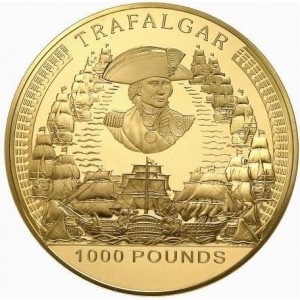 Реверс монеты Олдерни, 1000 фунтов, 2005, 200 лет Трафальгарской битве
