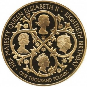 Реверс монеты Олдерни, 1000 фунтов, 2006, 80 лет со дня рождения Королевы Елизаветы II