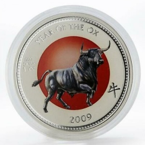 Реверс монеты Острова Питкэрн, 2 доллара, 2009, Год быка, Цветное покрытие