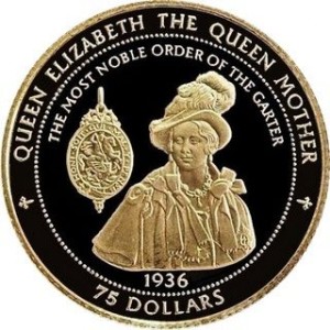Реверс монеты Острова Питкэрн, 75 долларов, 1997, 97 лет со дня рождения Королевы-матери