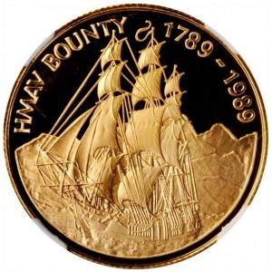 Реверс монеты Острова Питкэрн, 250 долларов, 1989, 200 лет HMAV Bounty