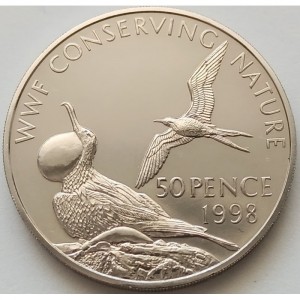 Реверс монеты Остров Вознесения, 50 пенсов, 1998, Всемирный фонд дикой природы - Фрегат