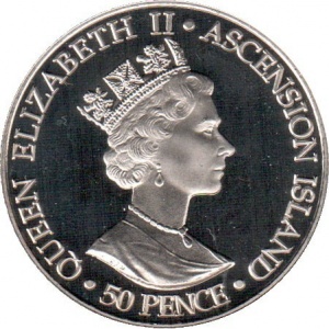 Аверс монеты Остров Вознесения, 50 пенсов, 2002, 50 лет правлению Королевы Елизаветы II