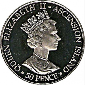 Аверс монеты Остров Вознесения, 50 пенсов, 2003, 50 лет коронации Елизаветы II /корона, скипетр, держава/