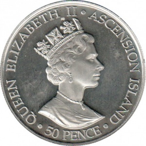 Аверс монеты Остров Вознесения, 50 пенсов, 2005, 60 лет окончанию Второй мировой войны