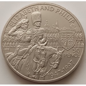 Реверс монеты Остров Святой Елены, 50 пенсов, 1997, 50 лет свадьбе Королевы Елизаветы II и Принца Филиппа