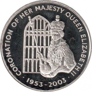 Реверс монеты Остров Святой Елены, 50 пенсов, 2003, 50 лет коронации Королевы Елизаветы II. Портрет