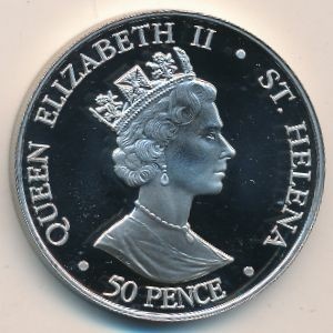Аверс монеты Остров Святой Елены, 50 пенсов, 2005, 60 лет со дня окончания Второй Мировой войны
