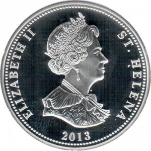 Аверс монеты Остров Святой Елены, 25 пенсов, 2013, Наполеон на смертном одре /посеребрение/