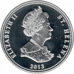 Аверс монеты Остров Святой Елены, 25 пенсов, 2013, Наполеон на борту HMS Bellerophon /посеребрение/