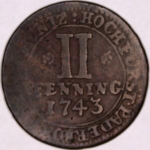 Реверс монеты Падерборн, 2 пфеннига, 1743