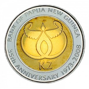 Реверс монеты Папуа - Новая Гвинея, 2 кина, 2008, 35 лет Банку Папуа Новой Гвинеи