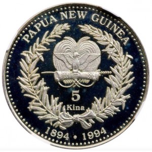 Аверс монеты Папуа - Новая Гвинея, 5 кина, 1994, 100 лет первым монетам