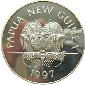 Аверс монеты Папуа - Новая Гвинея, 5 кина, 1997, Королева Елизавета, Королева-мать - Смерть Короля Георга VI в 1952 году