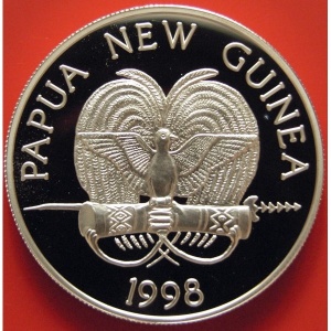 Аверс монеты Папуа - Новая Гвинея, 5 кина, 1998, Вымирающие виды - Зеленый древовидный питон