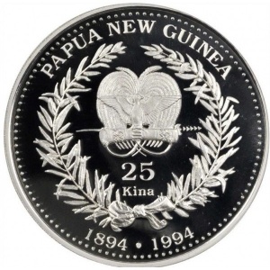 Аверс монеты Папуа - Новая Гвинея, 25 кина, 1994, 100 лет первым монетам