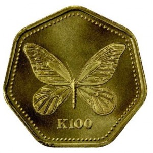 Реверс монеты Папуа - Новая Гвинея, 100 кина, 1990-1992, Птицекрылка королевы Александры