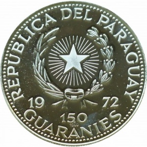Аверс монеты Парагвай, 150 гуарани, 1972, XX летние Олимпийские Игры, Мюнхен 1972 - Футбол