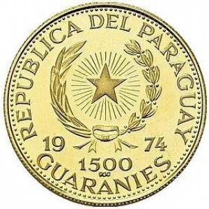 Аверс монеты Парагвай, 1500 гуарани, 1974, Уинстон Черчилль