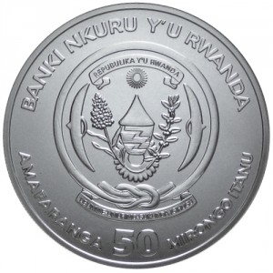Аверс монеты Руанда, 50 франков, 2012, Носорог