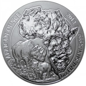 Реверс монеты Руанда, 50 франков, 2012, Носорог