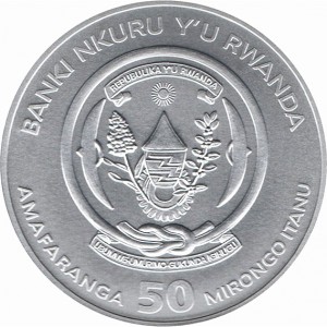 Аверс монеты Руанда, 50 франков, 2021, Окапи