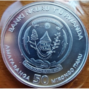 Аверс монеты Руанда, 50 франков, 2022, Пеликан