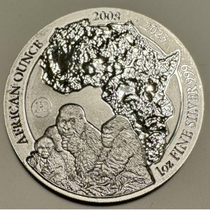 Реверс монеты Руанда, 50 франков, 2023, 15-летие серии «Африканская унция» — Горилла