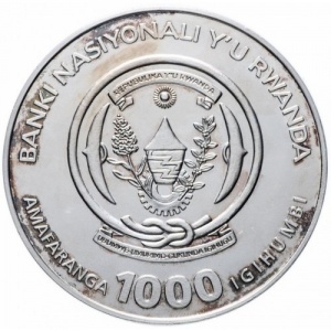 Аверс монеты Руанда, 1000 франков, 2007, Саванный слон