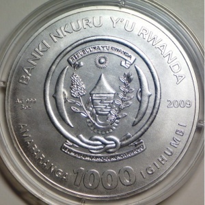 Аверс монеты Руанда, 1000 франков, 2009, Знаки зодиака - Водолей