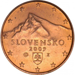 Аверс монеты Словакия, 1 евроцент, 2009-2026