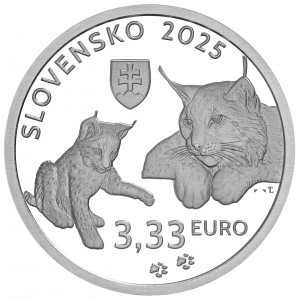 Аверс монеты Словакия, 3.33 евро, 2025, Фауна и флора Словакии - Евразийская рысь