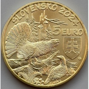 Аверс монеты Словакия, 5 евро, 2024, Фауна и флора Словакии - Глухарь