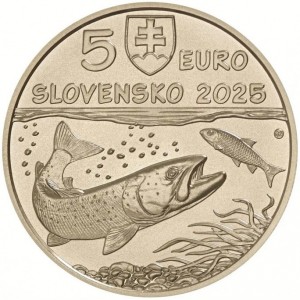 Аверс монеты Словакия, 5 евро, 2025, Фауна и флора Словакии - Дунайский лосось