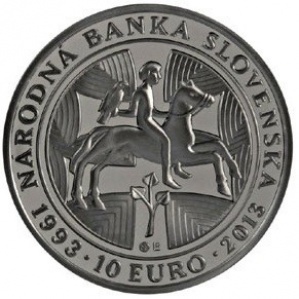 Реверс монеты Словакия, 10 евро, 2013, 20 лет Национальному банку Словакии