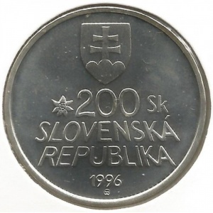 Аверс монеты Словакия, 200 крон, 1996, 100 лет горной железной дороге Штрба - Штрбске Плесо